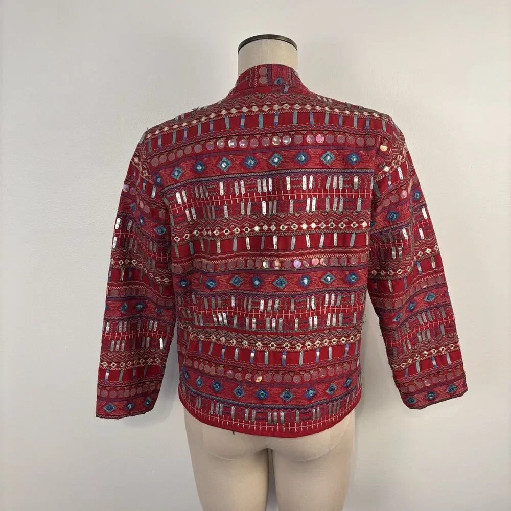 Chico's Womens Small Jacket Open Front Embroidered & Sequin Accents Art to Wear